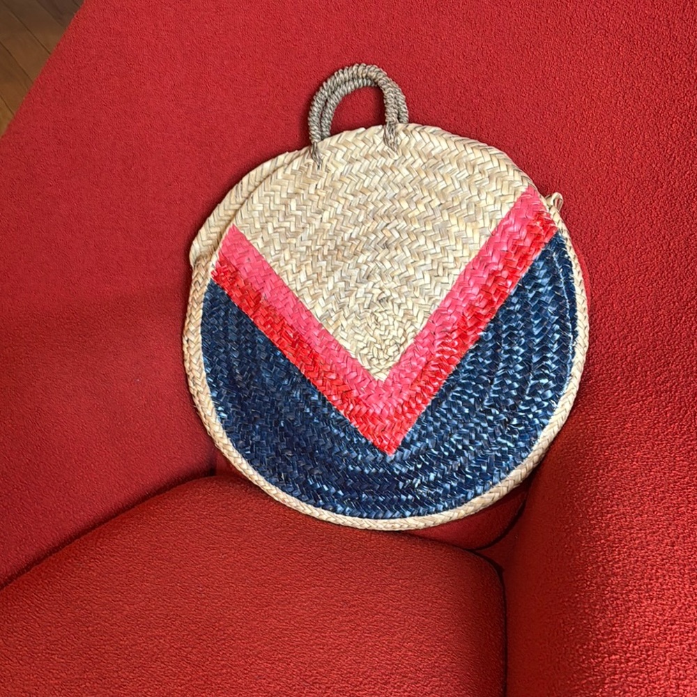 Round Straw Tote with Red and Blue Chevron